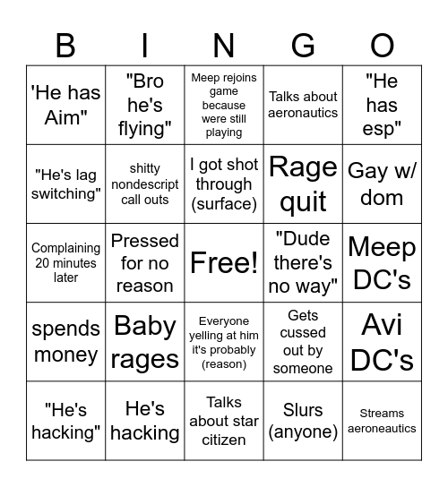 Meepder Bingo Card