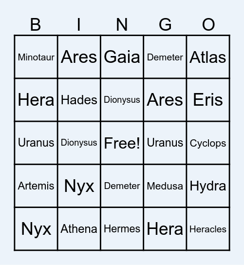 Greek Mythology Bingo Card
