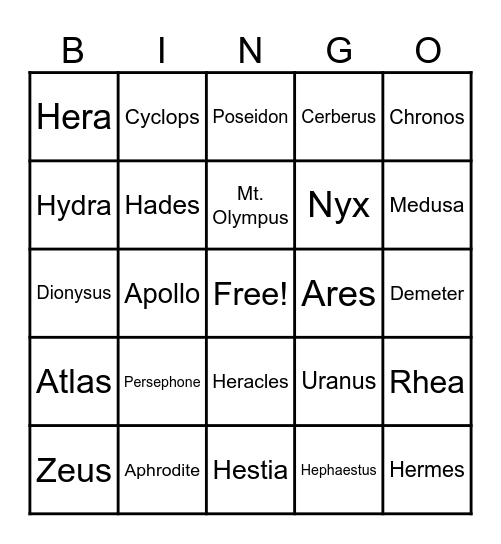 Greek Mythology Bingo Card