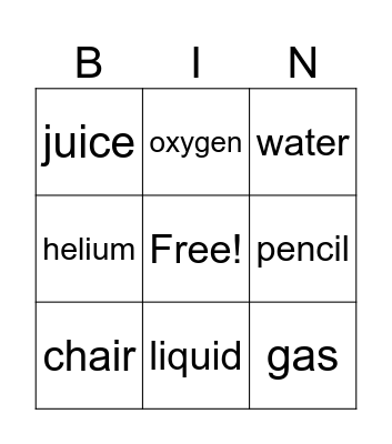 States of Matter Bingo Card