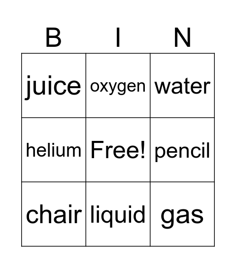 States of Matter Bingo Card