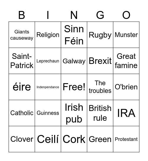 Bingo Ireland Bingo Card