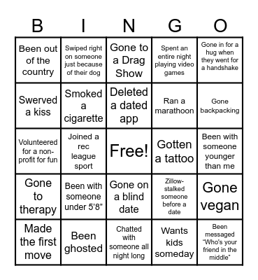 Never have I ever Bingo Card