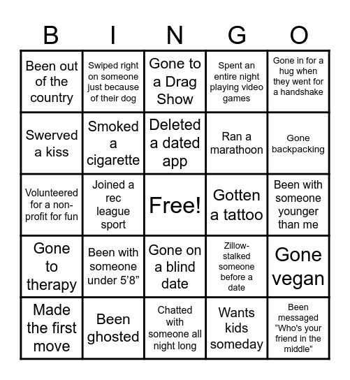 Never have I ever Bingo Card