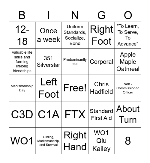 CADETS Bingo Card