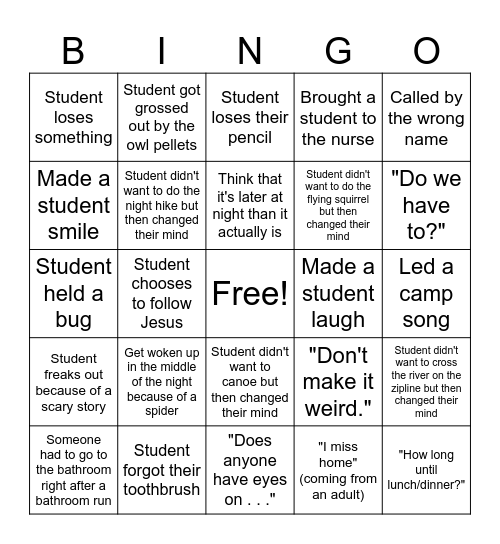 Outdoor School - Teacher Bingo Card