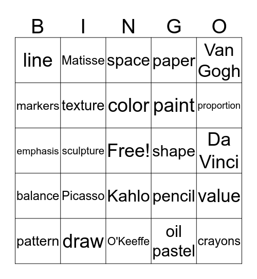 Visual Art Bingo Card