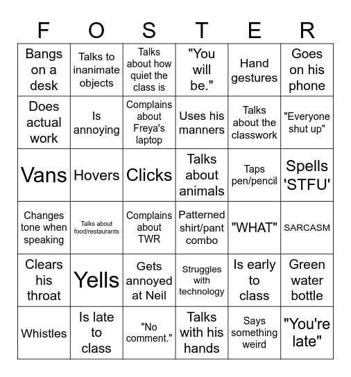 Mr Foster Bingo Card