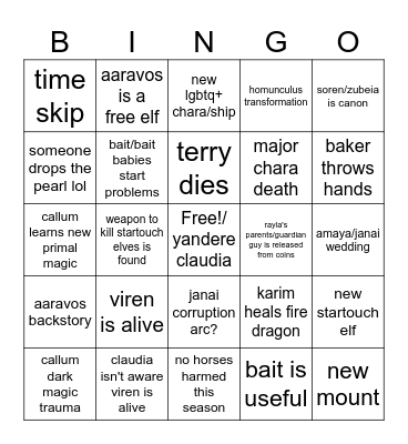 dragon prince season 6 baby Bingo Card