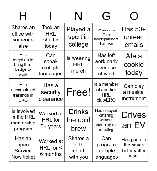 HRL Bingo Card