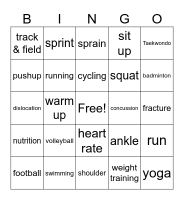 PE Online Class Bingo Card