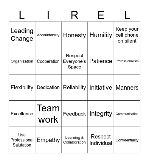 Work Place Etiquettes Bingo Card