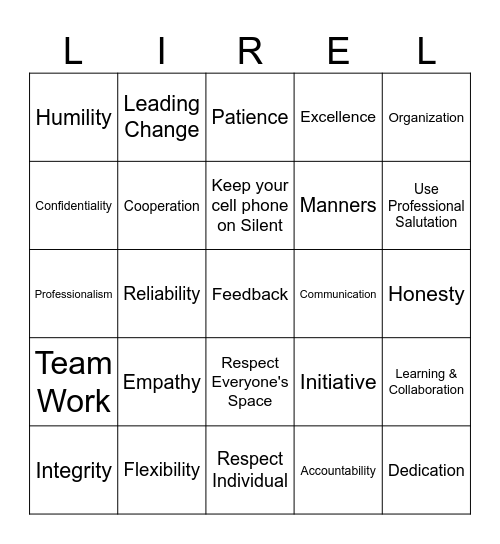 Work Place Etiquette Bingo Card