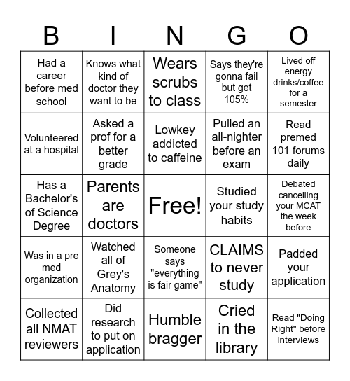 Pre Med Bingo Card