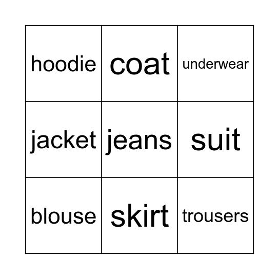 Clothes Bingo Card