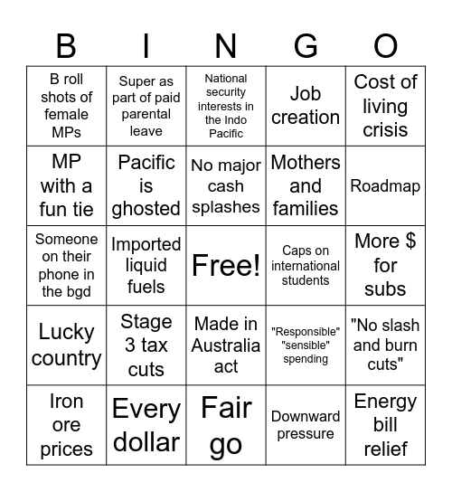 Federal Budget 2024-25 Bingo Card