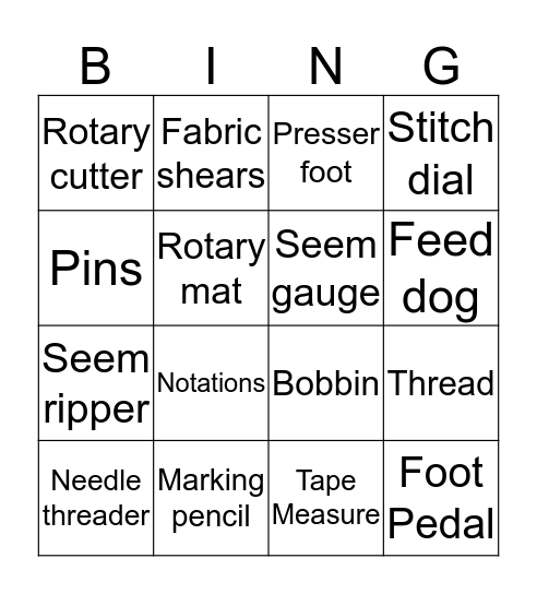 Sewing Machine Tools Bingo Card