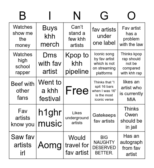 Khh bingo Card