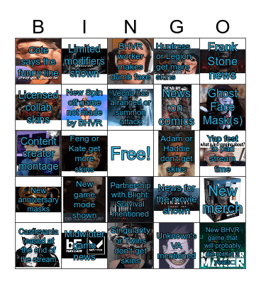 DBD 8th anniversary stream Bingo Card