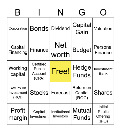 Finance Terminology Bingo Card