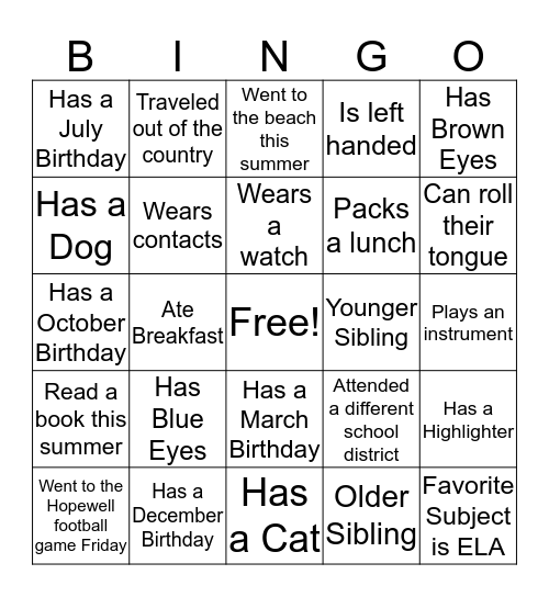 Scavenger BINGO Card