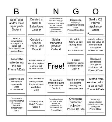 Weekly Sales Bingo Game Bingo Card