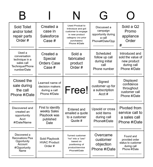 Weekly Sales Bingo Game Bingo Card