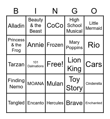 Disney Movie Theme Song Bingo Card