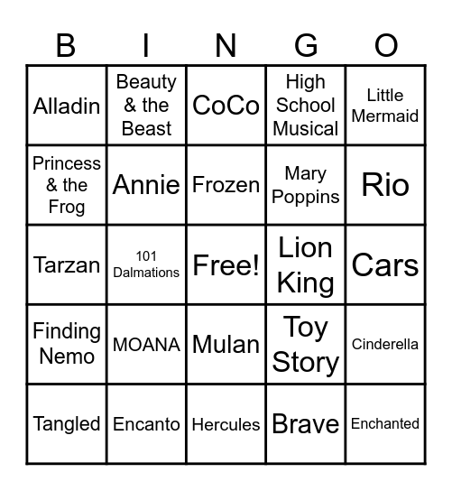 Disney Movie Theme Song Bingo Card