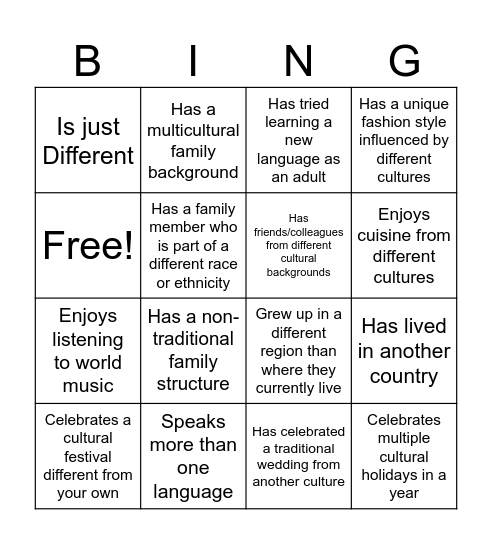 Celebrating Diversity Bingo Card