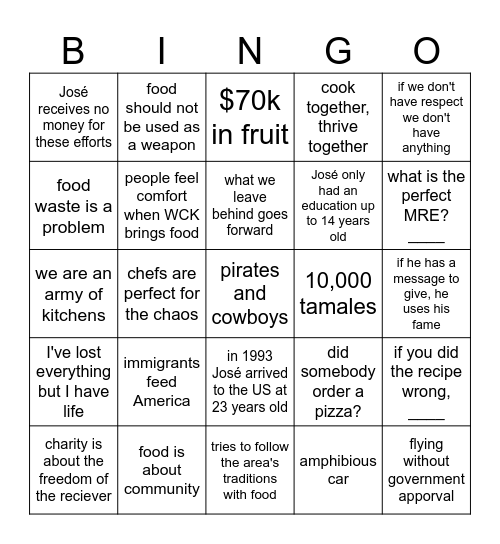 We Feed People with José Andrés Bingo Card