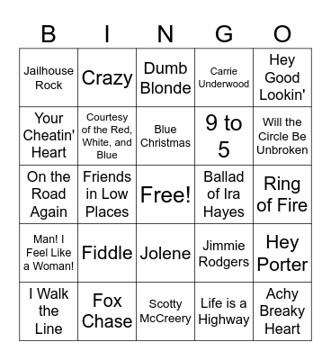 Country Music Bingo Card