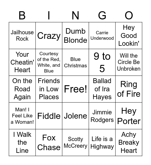 Country Music Bingo Card