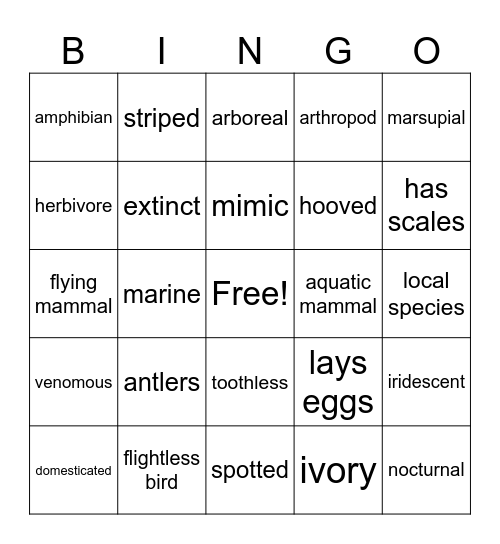 Animal Bingo Card