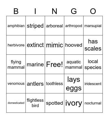 Animal Bingo Card