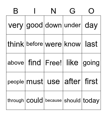 Heart Word Bingo Card