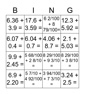 Adding Decimal Fractions :) Bingo Card