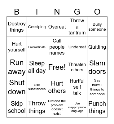 Unhealthy Coping Skills Bingo Card