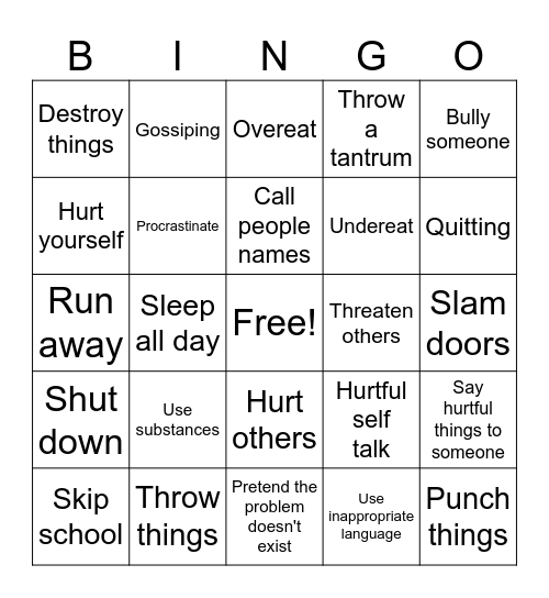 Unhealthy Coping Skills Bingo Card