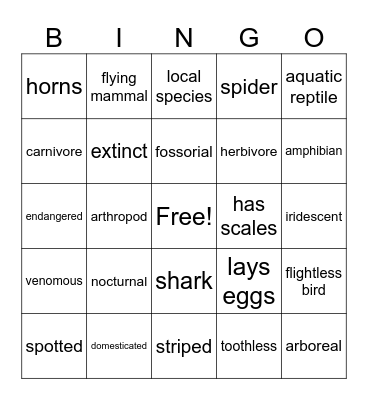 Animal Bingo Card