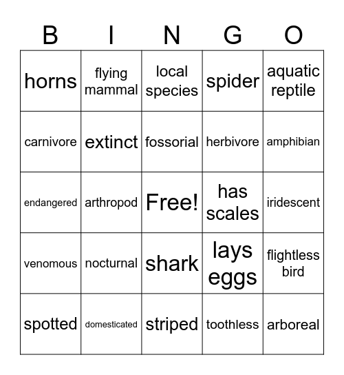 Animal Bingo Card