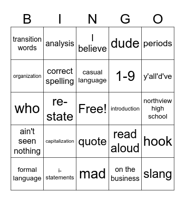 Rubric Bingo Card