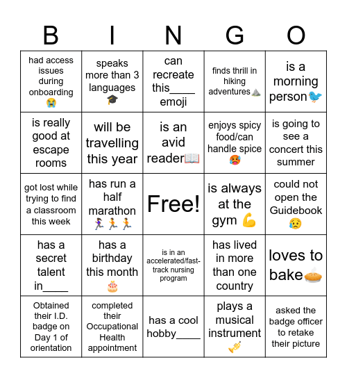 Clinical Extern Orientation Bingo Card