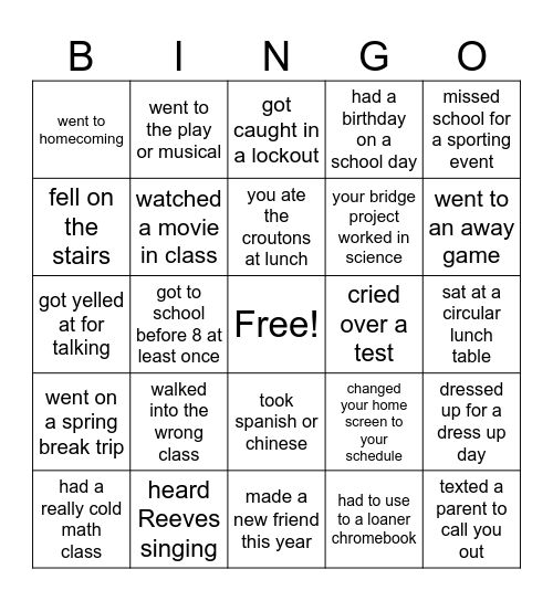 Freshman Year Bingo Card