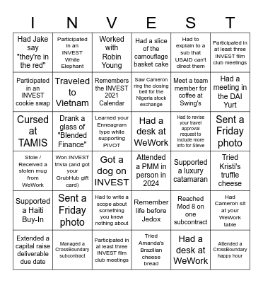 INVEST Bingo Card