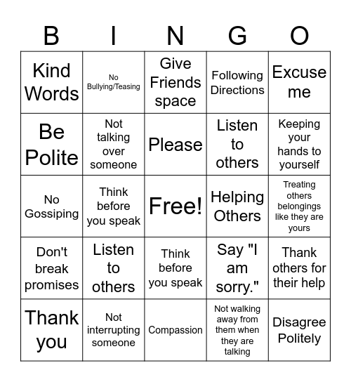 RESPECT Bingo Card