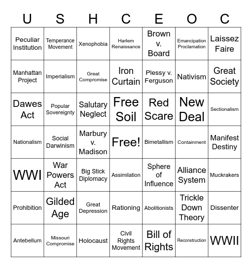 USHC EOC Review Bingo Card