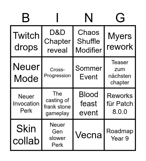 DBD Anniversary 2024 Bingo Card