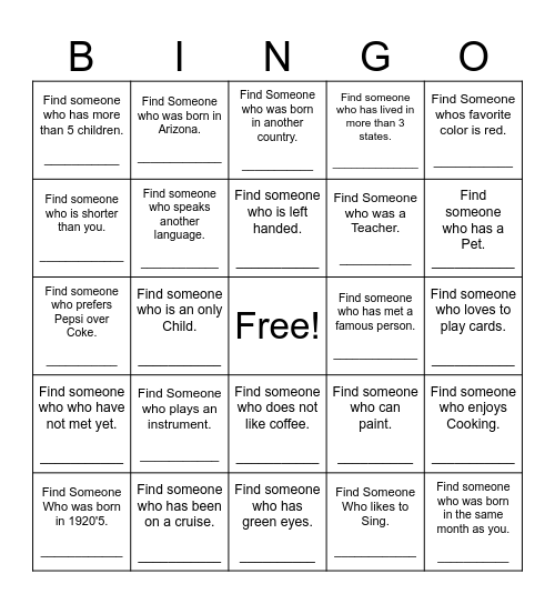 Find Someone Who Bingo Card