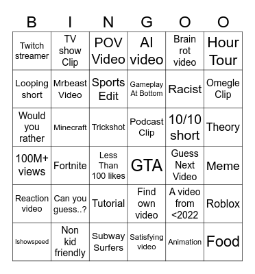 YT SHORTS Bingo Card